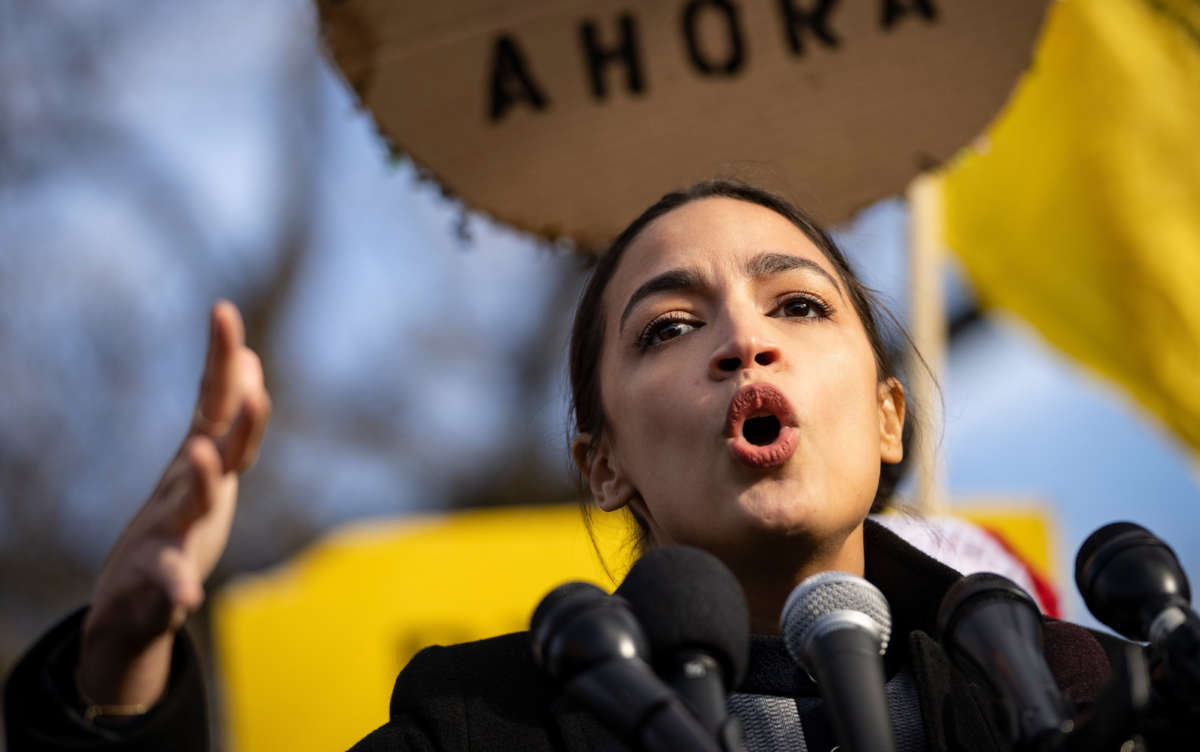 Rep. Alexandria Ocasio-Cortez speaks during a rally outside the U.S. Capitol on December 7, 2021, in Washington, D.C.