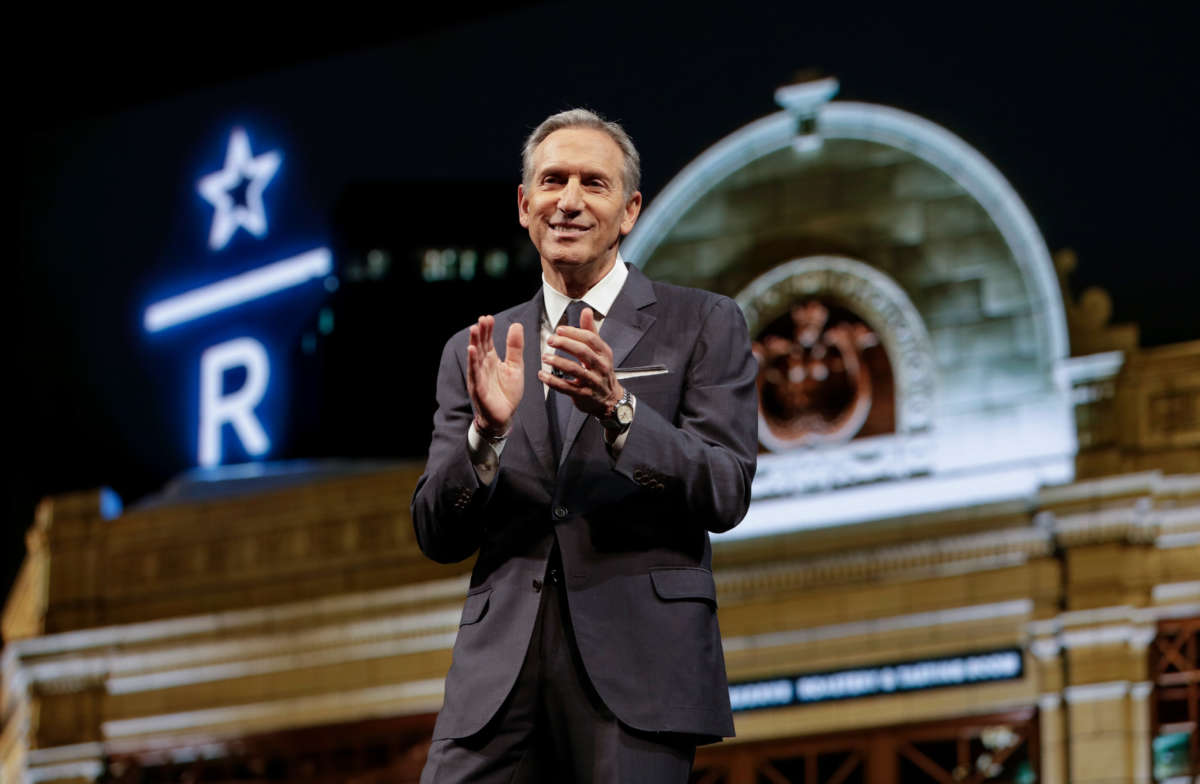 Starbucks Executive Chairman Howard Schultz speaks at the Starbucks Annual Meeting of Shareholders at McCaw Hall in Seattle, Washington, on March 21, 2018.