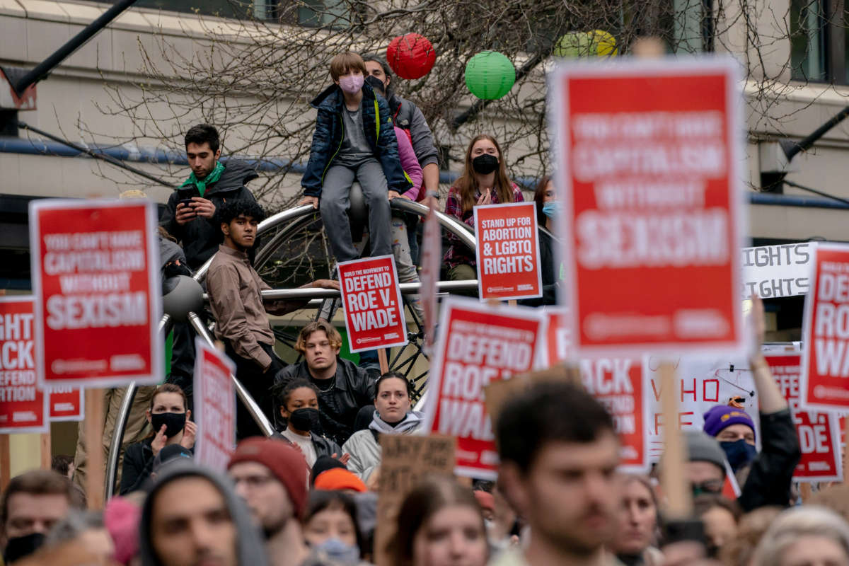 Demonstrators gather during a rally in support of abortion rights on May 3, 2022, in Seattle, Washington.