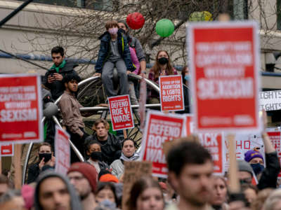 Demonstrators gather during a rally in support of abortion rights on May 3, 2022, in Seattle, Washington.