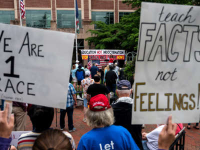 People hold up signs during a rally against "critical race theory" (CRT) being taught in schools at the Loudoun County Government center in Leesburg, Virginia, on June 12, 2021.