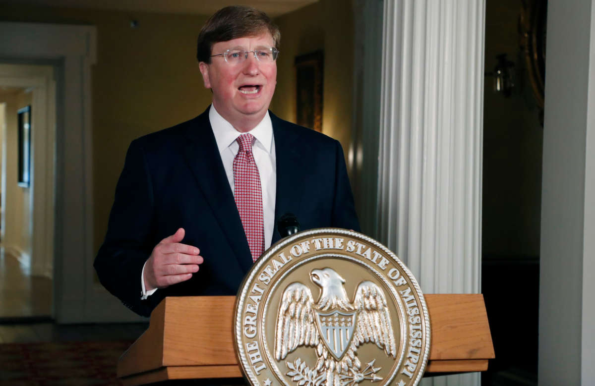 Mississippi Gov. Tate Reeves delivers a televised address at the Governor's Mansion in Jackson, Mississippi, on June 30, 2020.