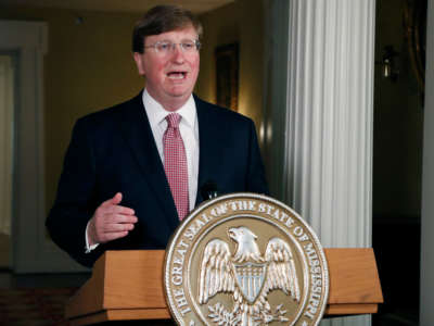 Mississippi Gov. Tate Reeves delivers a televised address at the Governor's Mansion in Jackson, Mississippi, on June 30, 2020.