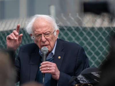 Sen. Bernie Sanders speaks at an Amazon Labor Union rally on April 24, 2022, in New York City.