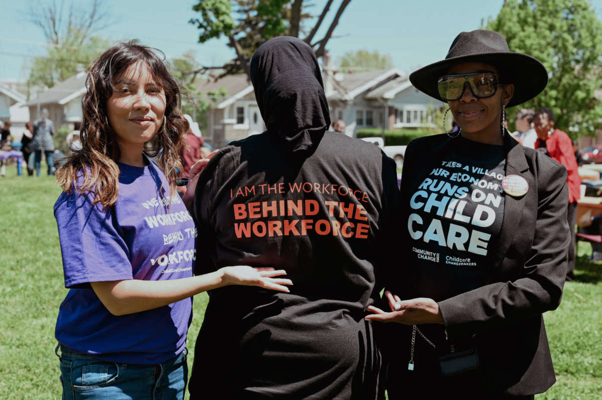 Child care providers and the families they work with rally for robust investments in early education on May 9, 2022, in Philadelphia, Pennsylvania.