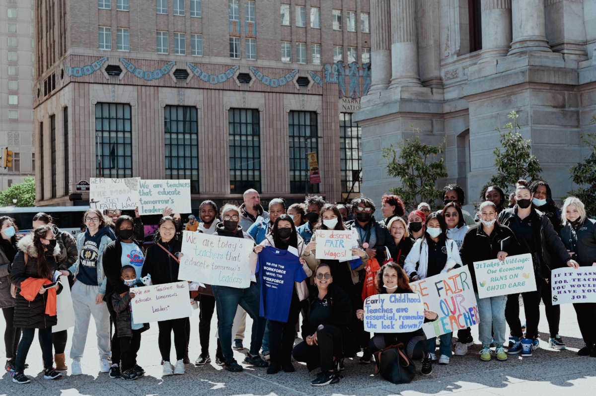 Child care providers and the families they work with rally for robust investments in early education on May 9, 2022, in Philadelphia, Pennsylvania.