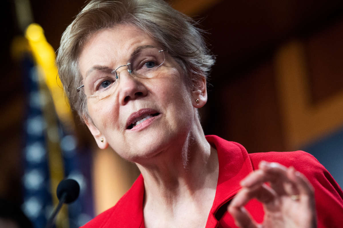 Sen. Elizabeth Warren conducts a news conference in the Capitol on March 1, 2021.