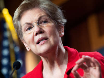 Sen. Elizabeth Warren conducts a news conference in the Capitol on March 1, 2021.