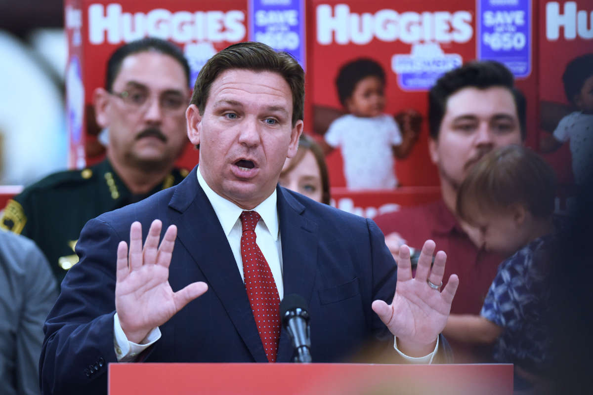 Florida Gov. Ron DeSantis speaks at a press conference at Samâs Club in Ocala, Florida, on May 6, 2022.