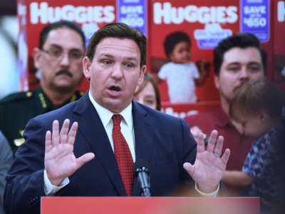 Florida Gov. Ron DeSantis speaks at a press conference at Samâs Club in Ocala, Florida, on May 6, 2022.