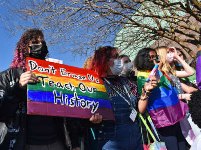 BFP supporters and South Asian Lives Representative Saanvi Gambhira protest against anti-trans legislation in Louisiana at Benjamin Franklin High School.