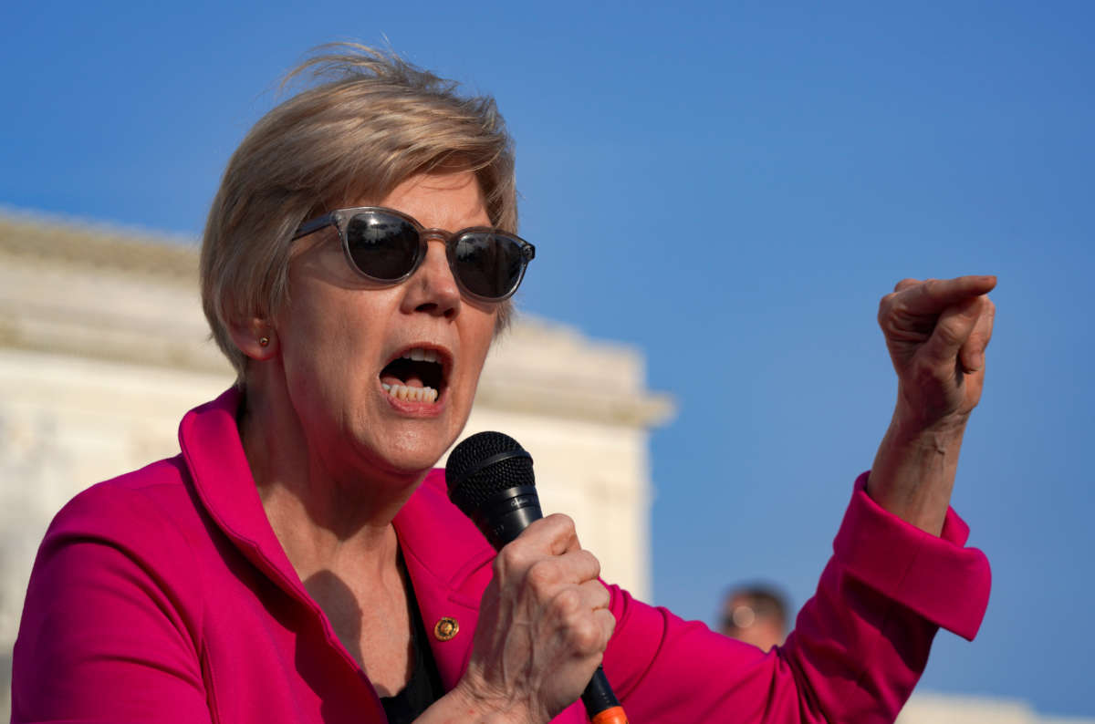 Sen. Elizabeth Warren speaks in front of the U.S. Supreme Court on May 3, 2022, in Washington, D.C.