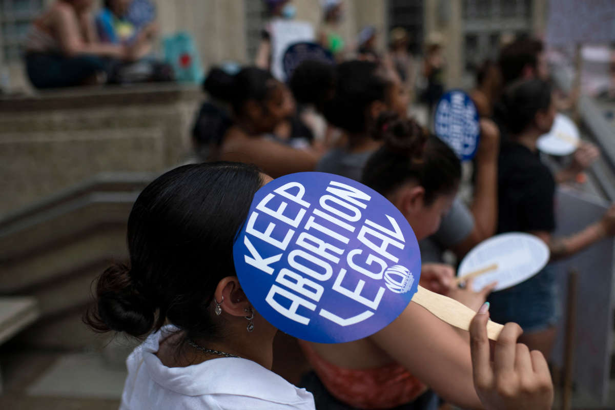 Demonstrators gather outside City Hall in Houston, Texas, during a Bans Off Our Bodies rally on May 14, 2022.