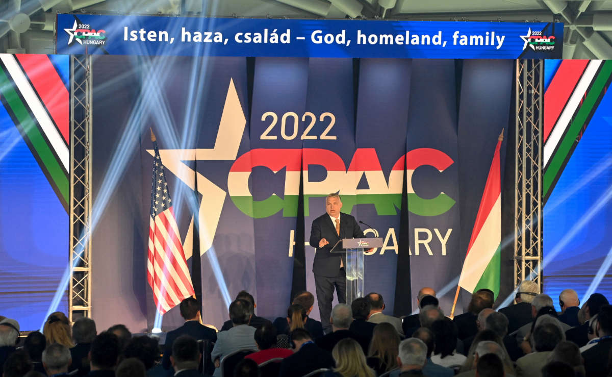 Hungarian Prime Minister Viktor Orban addresses a keynote speech during the Conservative Political Action Conference (CPAC) at the Balna cultural centre of Budapest, Hungary, on May 19, 2022.