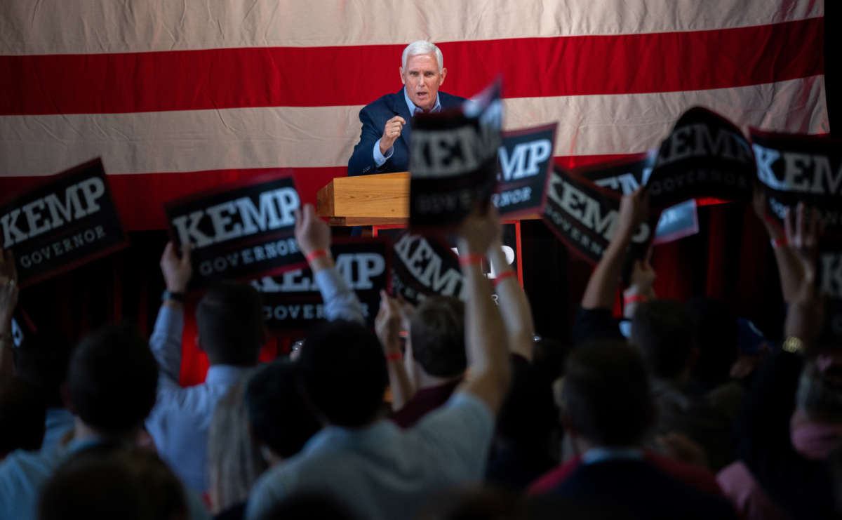 Former Vice President Mike Pence speaks at a campaign rally for Gov. Brian Kemp on May 23, 2022, in Kennesaw, Georgia.