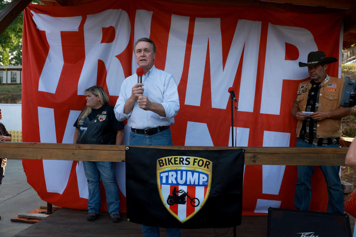 Republican Gubernatorial candidate David Perdue speaks during a Bikers for Trump campaign event held at the Crazy Acres Bar & Grill on May 20, 2022, in Plainville, Georgia.