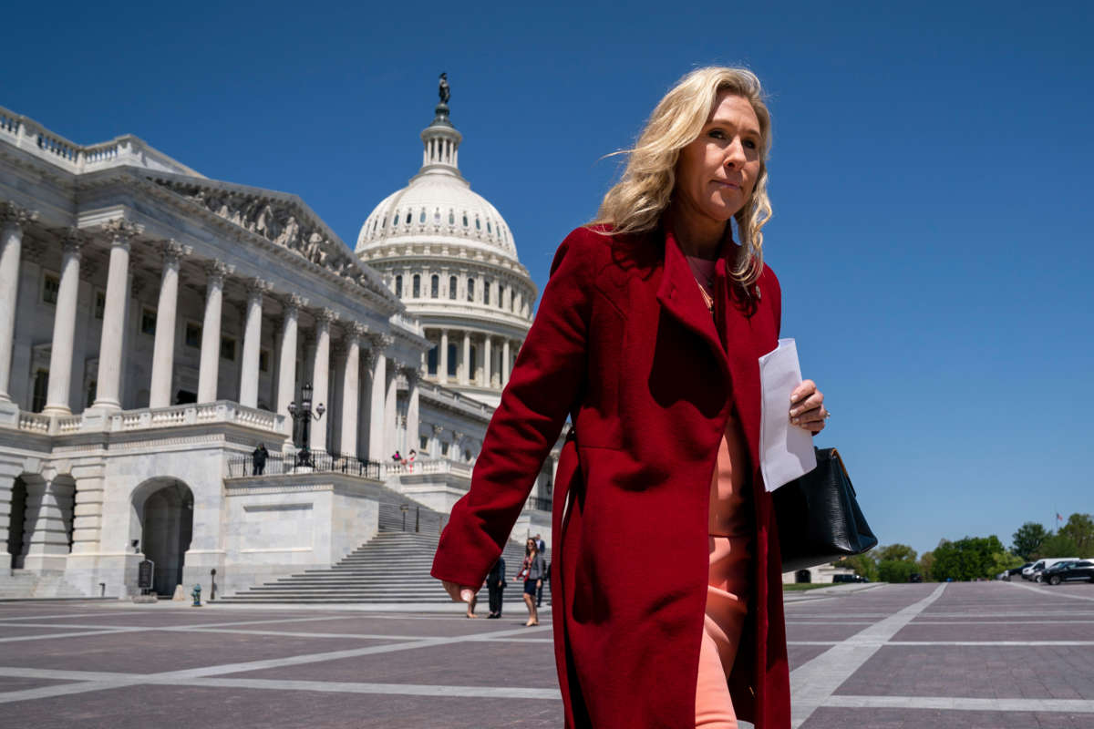 Rep. Marjorie Taylor Greene walks to a news conference on free speech and Twitter on Capitol Hill on April 28, 2022, in Washington, D.C.