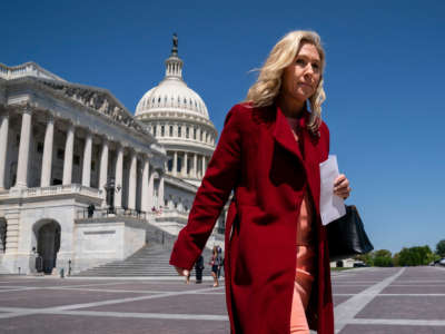 Rep. Marjorie Taylor Greene walks to a news conference on free speech and Twitter on Capitol Hill on April 28, 2022, in Washington, D.C.