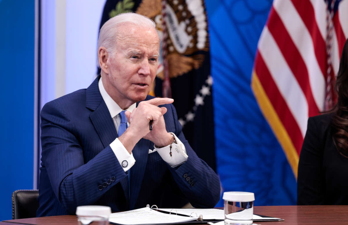 President Joe Biden gives remarks in the South Court Auditorium of the White House on April 28, 2022, in Washington, D.C.