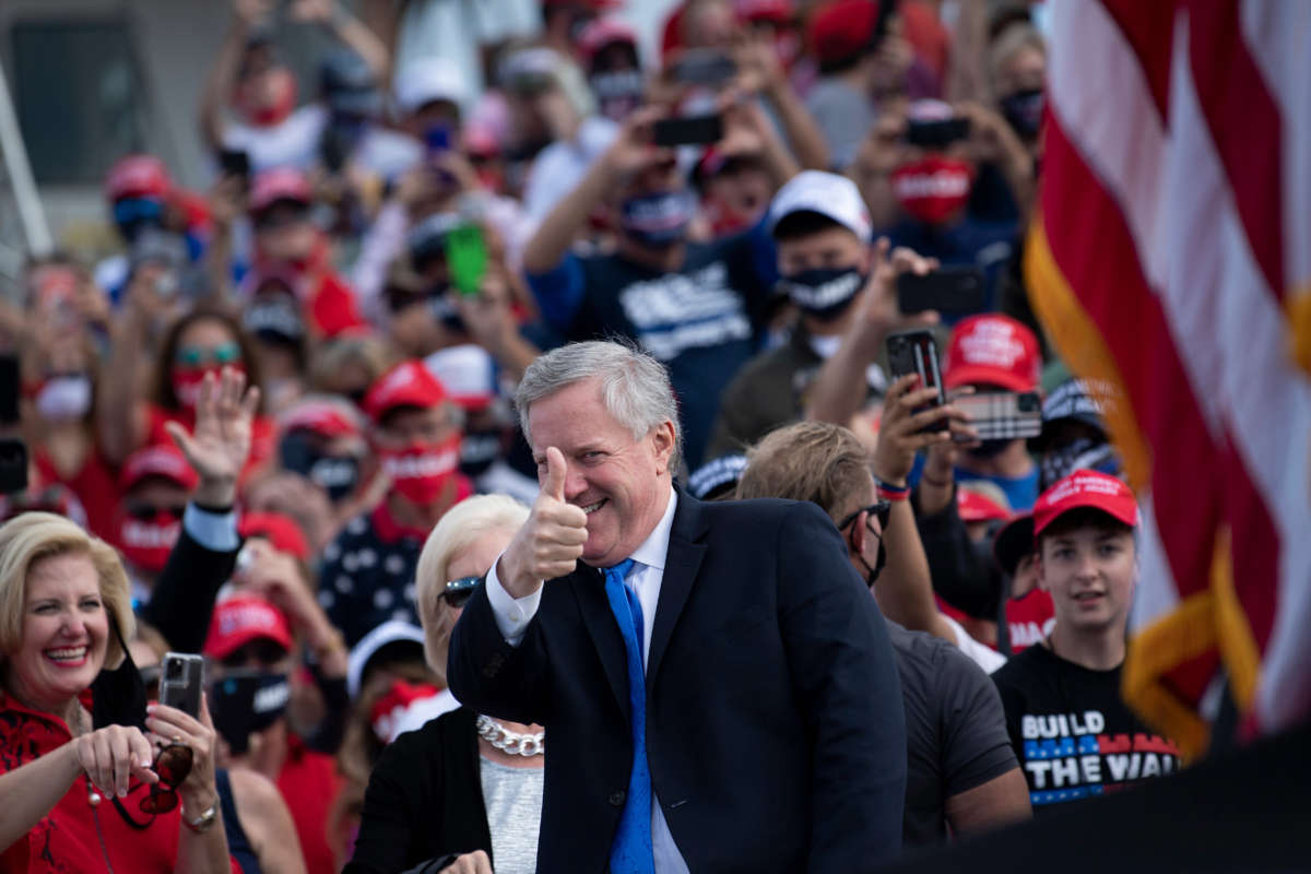 Acting White House Chief of Staff Mark Meadows arrives at a rally on October 15, 2020, in Greenville, North Carolina.