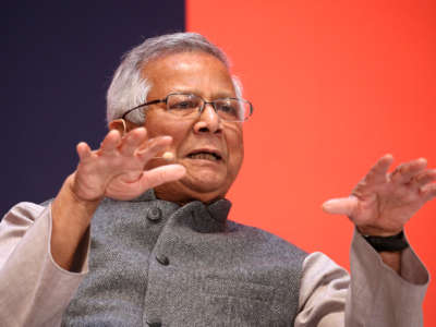 Muhammad Yunus, Nobel Peace Prize winner, speaks at a panel discussion at conference in Munich, Germany, on January 19, 2020.