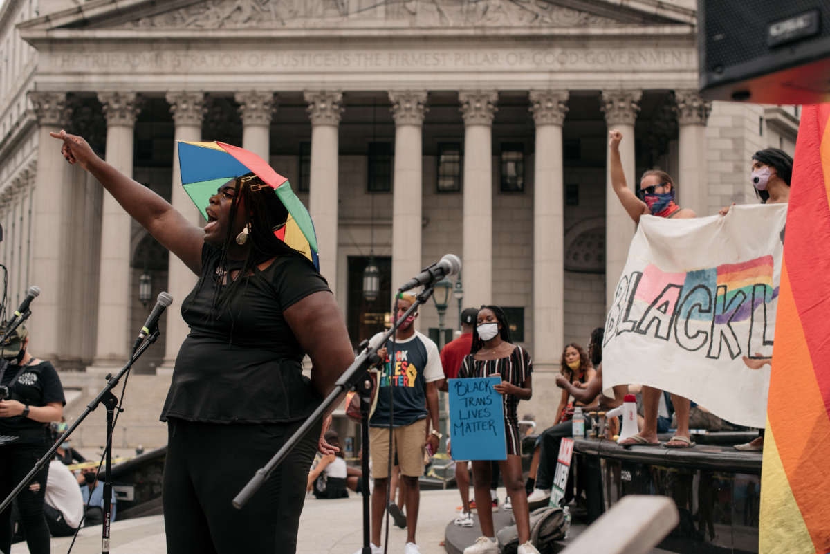 A demonstrator speaks in support of Black transgender lives at a rally in Foley Square on July 30, 2020, in New York City.