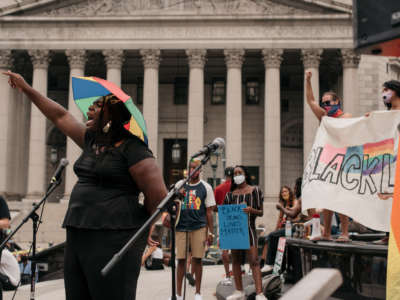 A demonstrator speaks in support of Black transgender lives at a rally in Foley Square on July 30, 2020, in New York City.