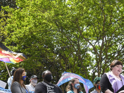 Advocates for transgender youth speak during a rally at the Alabama State House to draw attention to anti-transgender legislation introduced in Alabama on March 30, 2021, in Montgomery, Alabama.