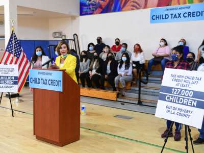 Speaker of the House Nancy Pelosi speaks at an event to raise awareness of the Child Tax Credit, in Los Angeles, California, on July 15, 2021.