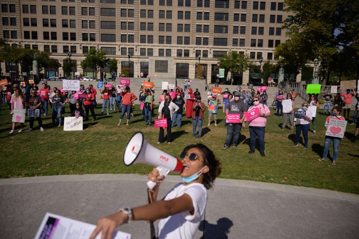 Protesters take part in the Women's March and Rally for Abortion Justice in Wilmington, Delaware, on October 2, 2021.