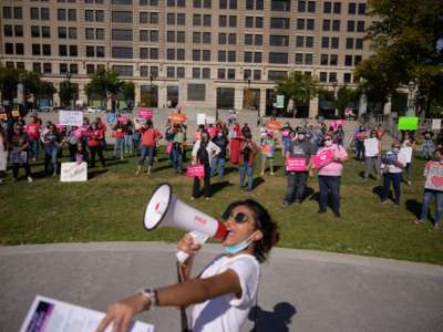 Protesters take part in the Women's March and Rally for Abortion Justice in Wilmington, Delaware, on October 2, 2021.
