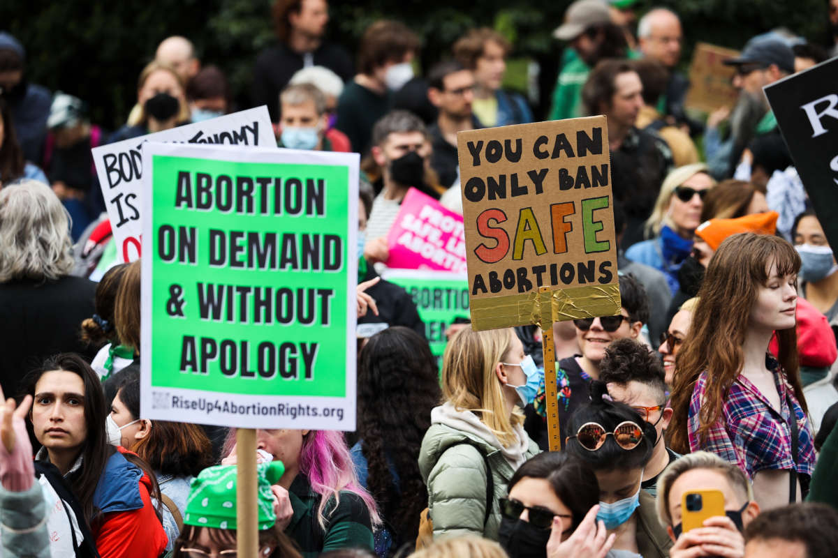 Thousands of protesters are gathered at the Foley Square in New York City on May 3, 2022, after the leak of a draft majority opinion preparing for the court to overturn the landmark abortion decision in Roe v. Wade.