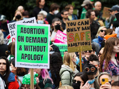 Thousands of protesters are gathered at the Foley Square in New York City on May 3, 2022, after the leak of a draft majority opinion preparing for the court to overturn the landmark abortion decision in Roe v. Wade.