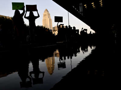 Demonstrators protest for abortion rights outside of the U.S. Courthouse in Los Angeles, California, on May 3, 2022.