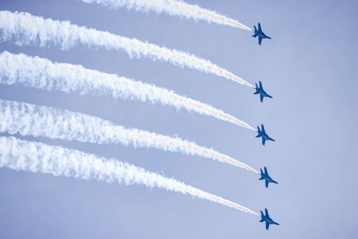 Blue Angels jets fly as thousands are gathered at the Jones Beach for the Bethpage Air Show in Wantagh, New York, on 29, 2022.