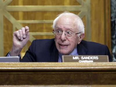 Sen. Bernie Sanders asks questions during a hearing at the Dirksen Senate Office Building on March 30, 2022, in Washington, D.C.