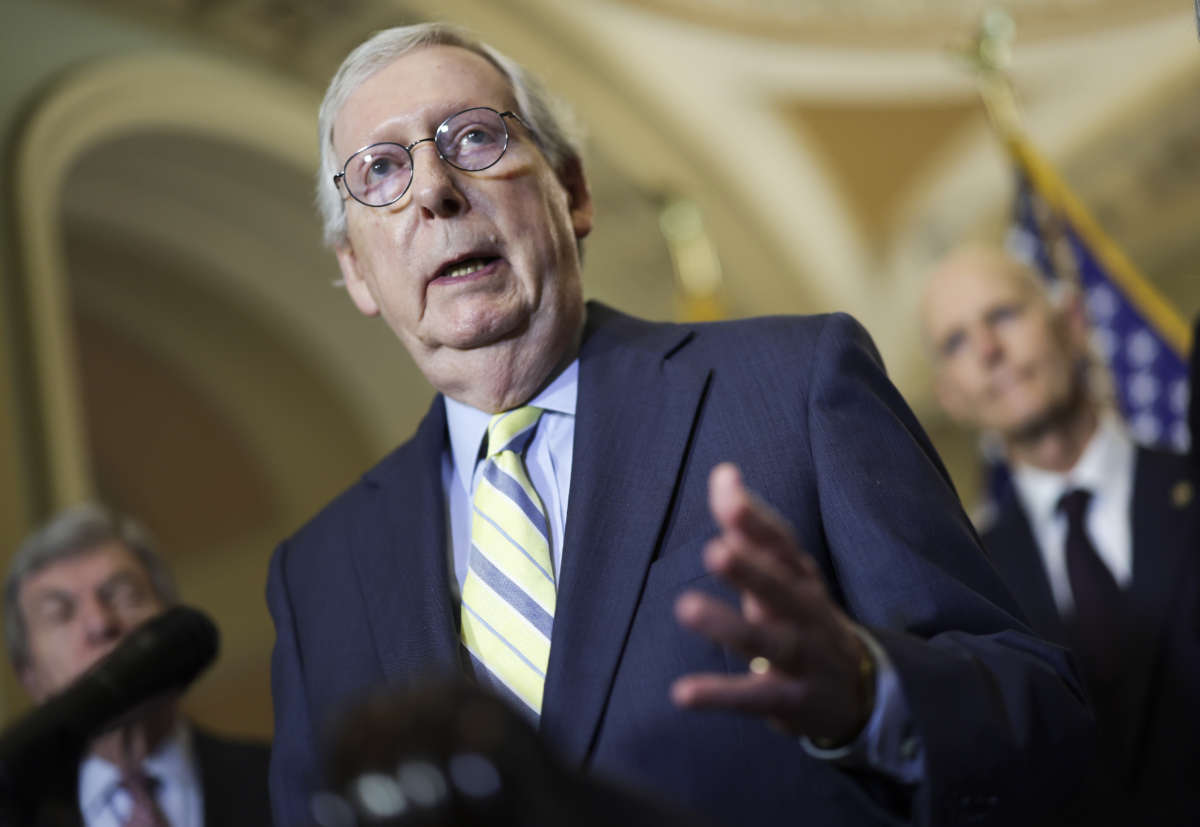 Senate Minority Leader Mitch McConnell speaks to reporters following the weekly Republican policy luncheon, on May 3, 2022, in Washington, D.C.