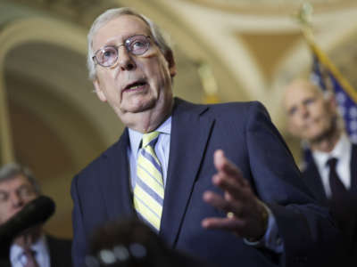 Senate Minority Leader Mitch McConnell speaks to reporters following the weekly Republican policy luncheon, on May 3, 2022, in Washington, D.C.