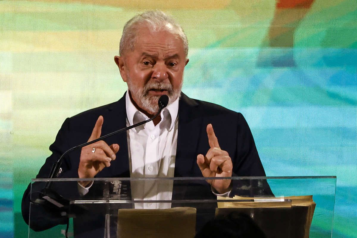 Former president of Brazil Luiz Inácio Lula da Silva speaks during event to announce his pre-candicacy for October presidential elections on May 7, 2022, in São Paulo, Brazil.