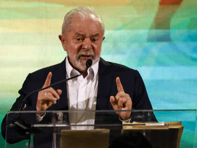 Former president of Brazil Luiz Inácio Lula da Silva speaks during event to announce his pre-candicacy for October presidential elections on May 7, 2022, in São Paulo, Brazil.