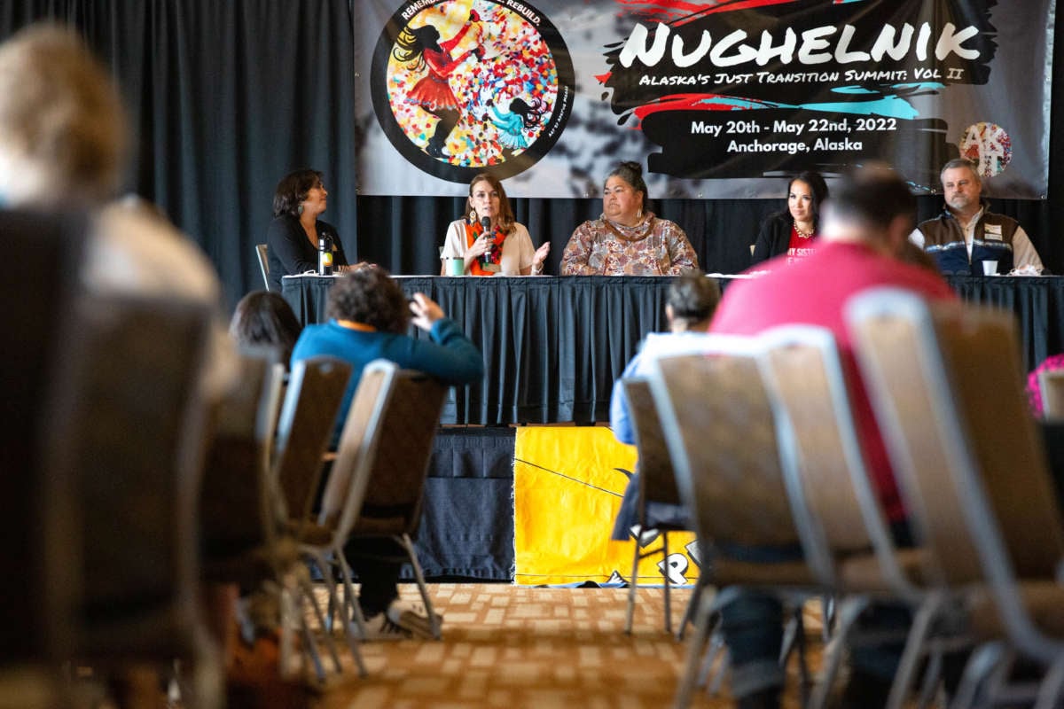 Panelists speak during a session of the 2022 Alaska Just Transition Summit: Vol II, which took place May 20-22, 2022, in Anchorage, Alaska.