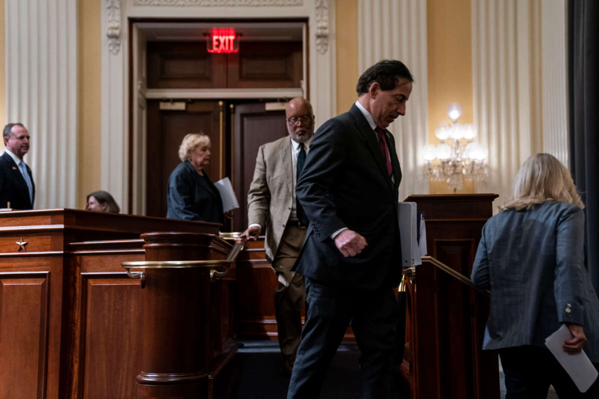 Members of the Select Committee to Investigate the January 6th Attack on the U.S. Capitol leave as they adjourn a committee business meeting on Capitol Hill on March 28, 2022, in Washington, D.C.