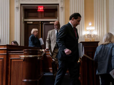 Members of the Select Committee to Investigate the January 6th Attack on the U.S. Capitol leave as they adjourn a committee business meeting on Capitol Hill on March 28, 2022, in Washington, D.C.