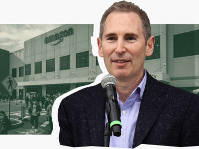 Amazon CEO Andy Jassy pictured over Amazon workers leaving warehouse