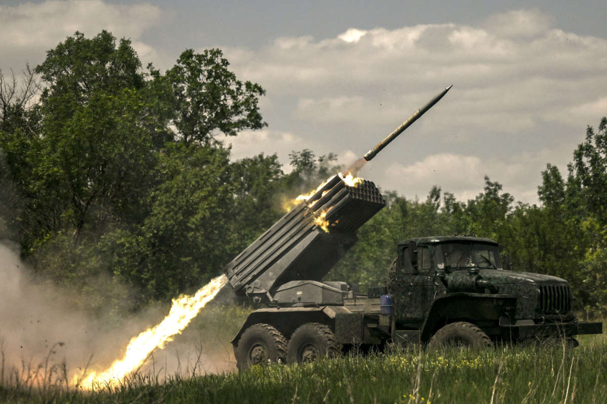 Ukrainian troops fire with surface-to-surface rockets MLRS towards Russian positions at a front line in the eastern Ukrainian region of Donbas on June 7, 2022.