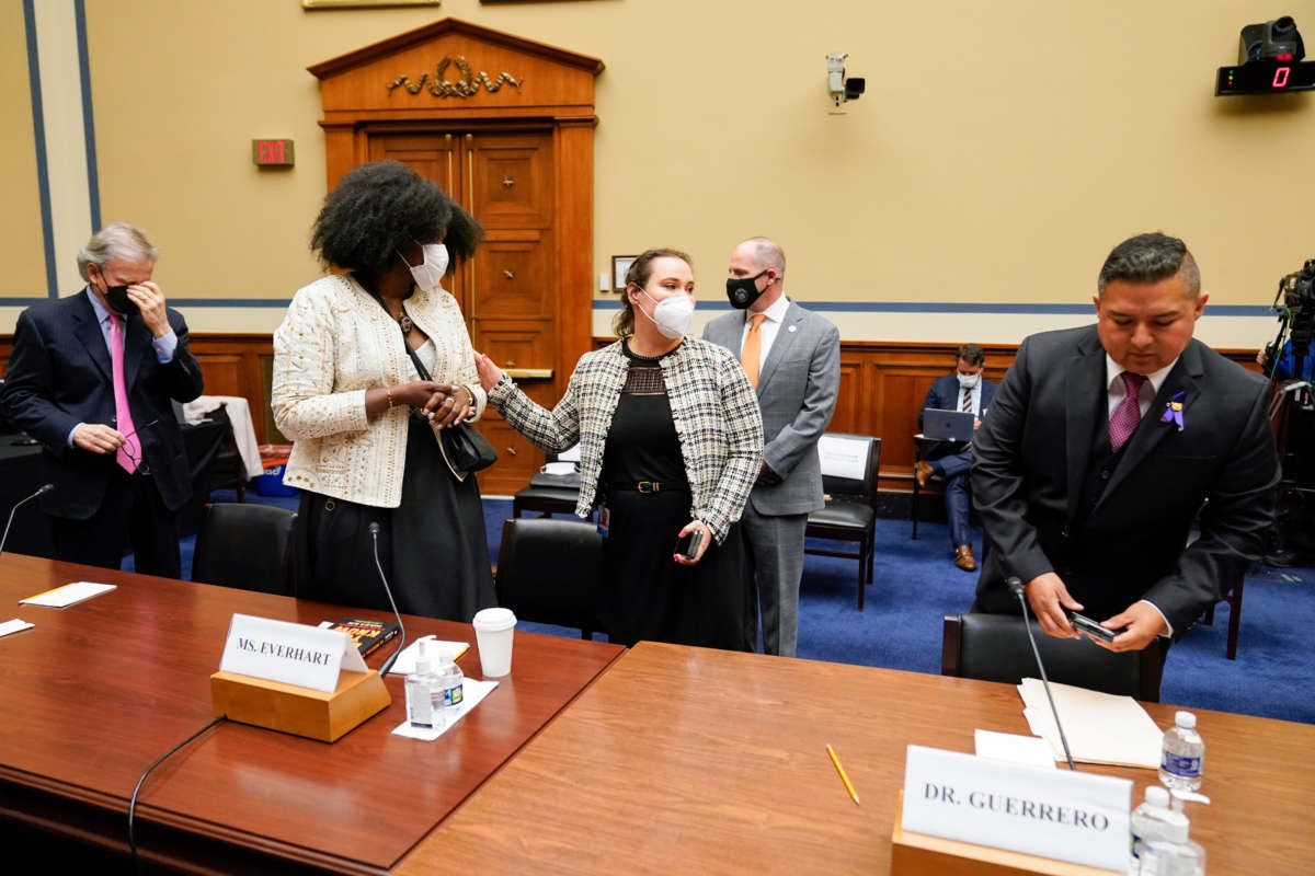 People arrive to testify before a House Committee on Oversight and Reform hearing on gun violence on Capitol Hill on June 8, 2022, in Washington, D.C.