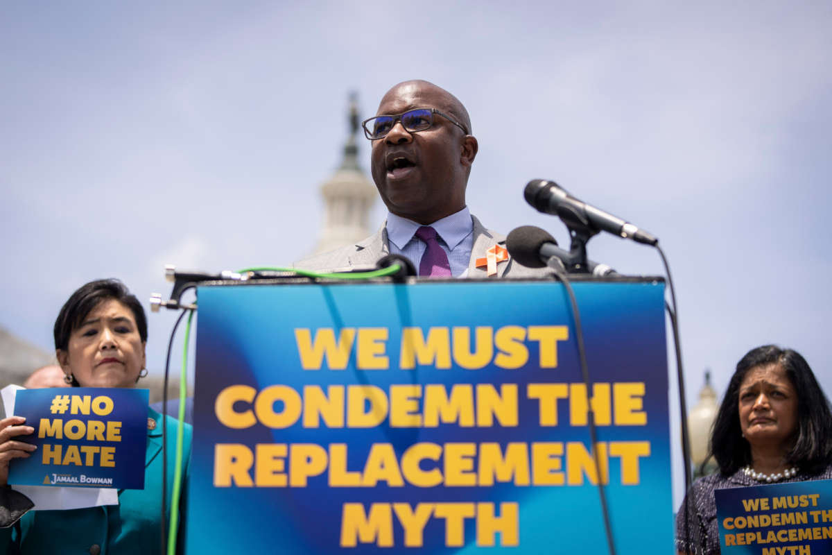 Rep. Jamaal Bowman speaks during a news conference announcing a resolution to condemn replacement theory outside the U.S. Capitol on June 8, 2022, in Washington, D.C.