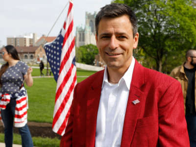 Ryan Kelley, Republication candidate for governor of Michigan, attends a Freedom Rally outside the Michigan State Capitol in Lansing, Michigan, on May 15, 2021.