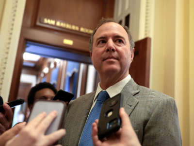 Rep. Adam Schiff speaks to reporters outside of the House Chambers in the U.S. Capitol Building on May 12, 2022, in Washington, D.C.
