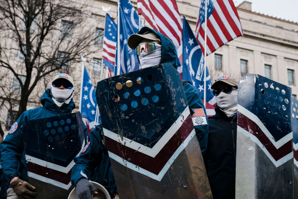 Members of the right-wing group Patriot Front prepare to march with anti-abortion activists during the 49th annual March for Life along Constitution Ave. on January 21, 2022 in Washington, D.C.